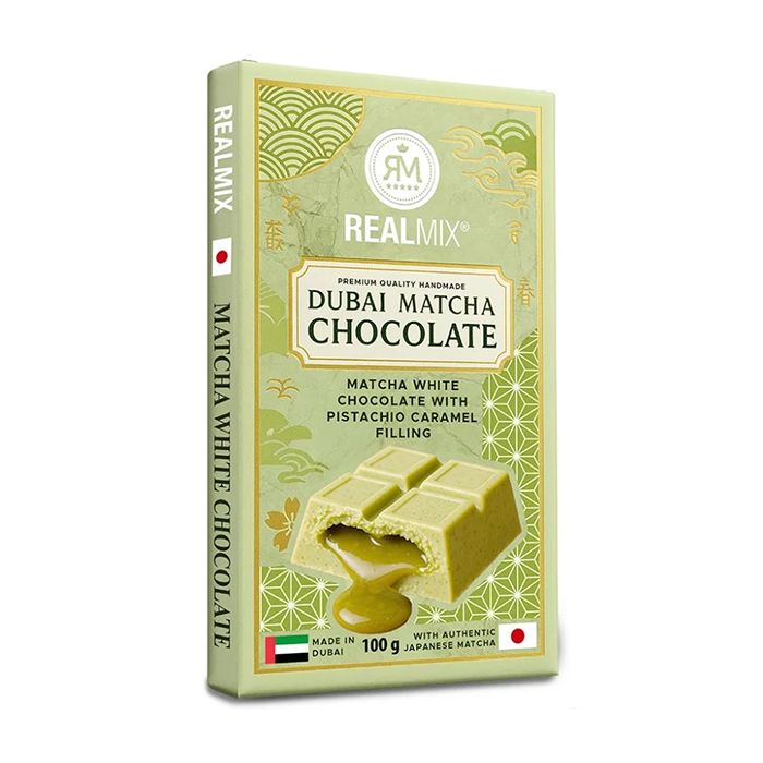 RealMix Dubai Matcha pistaatsiapähkli-karamelli täidisega šokolaadibatoon 100g